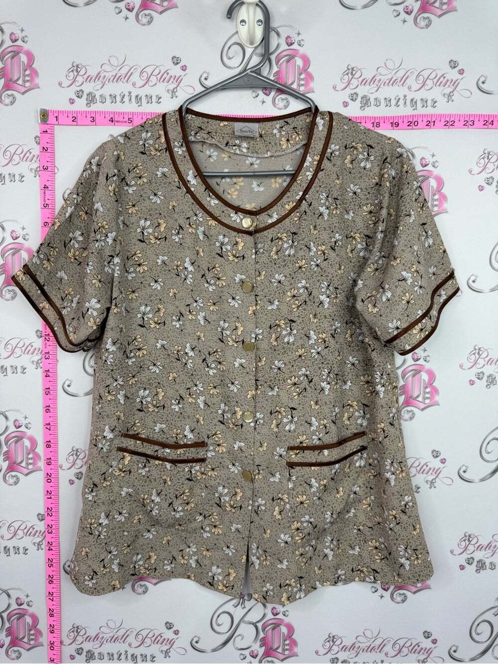 Shirt vintage Floral Button-Front Short Sleeve Top with Contrast Trim